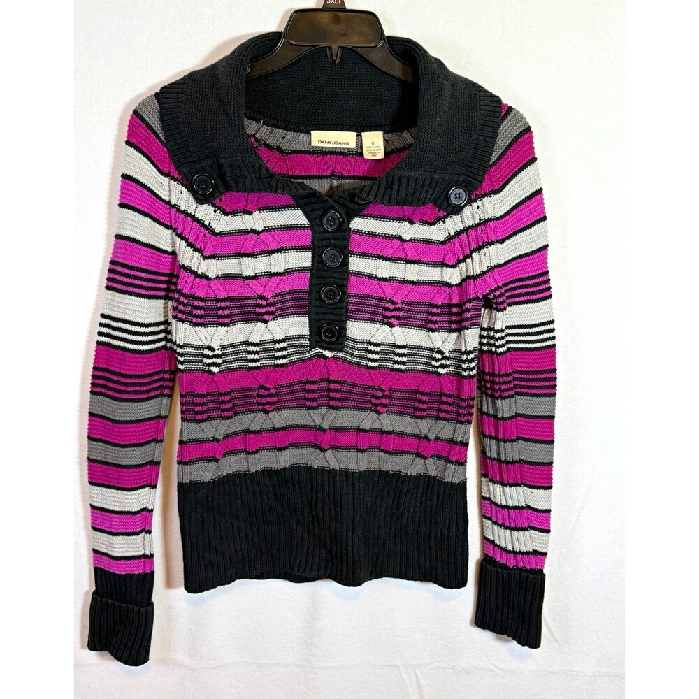 DKNY JEANS Womens M Black Pink Gray White Striped Knit Collared Button Sweater